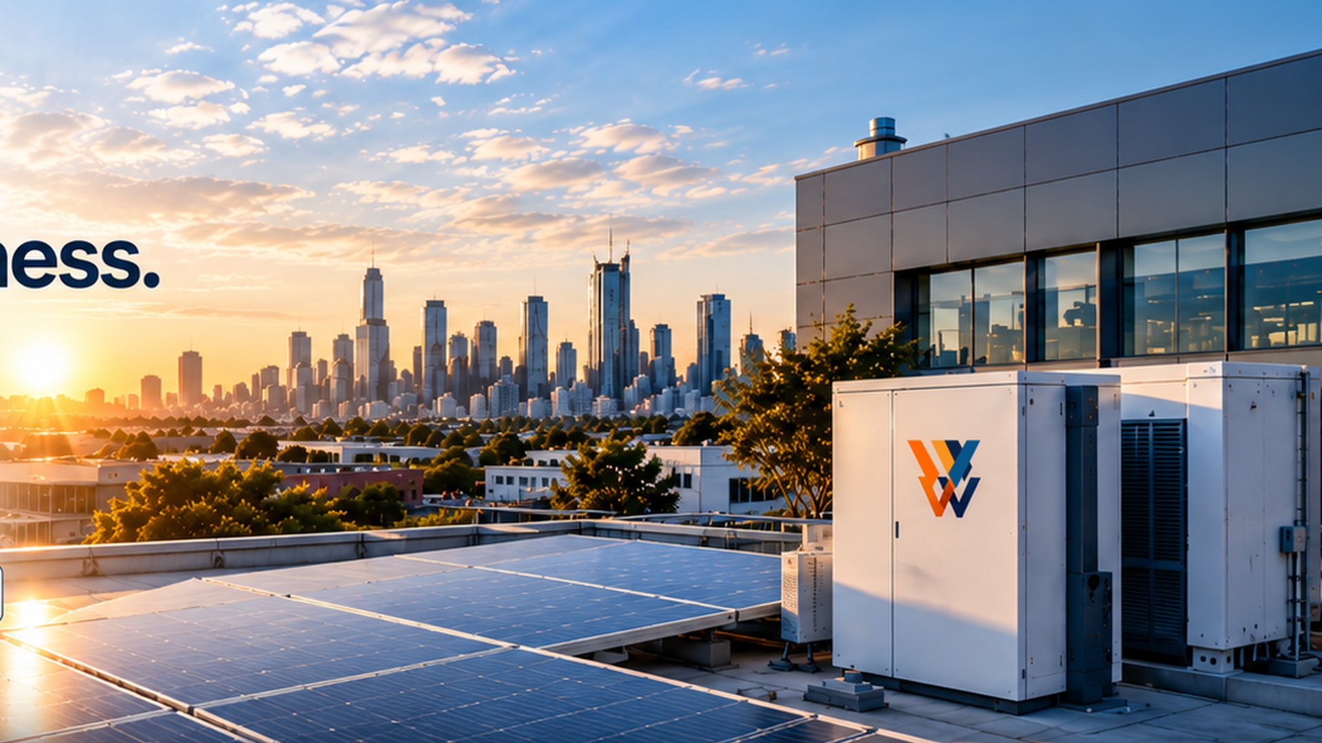 Commercial solar, energy infrastructure and city skyline